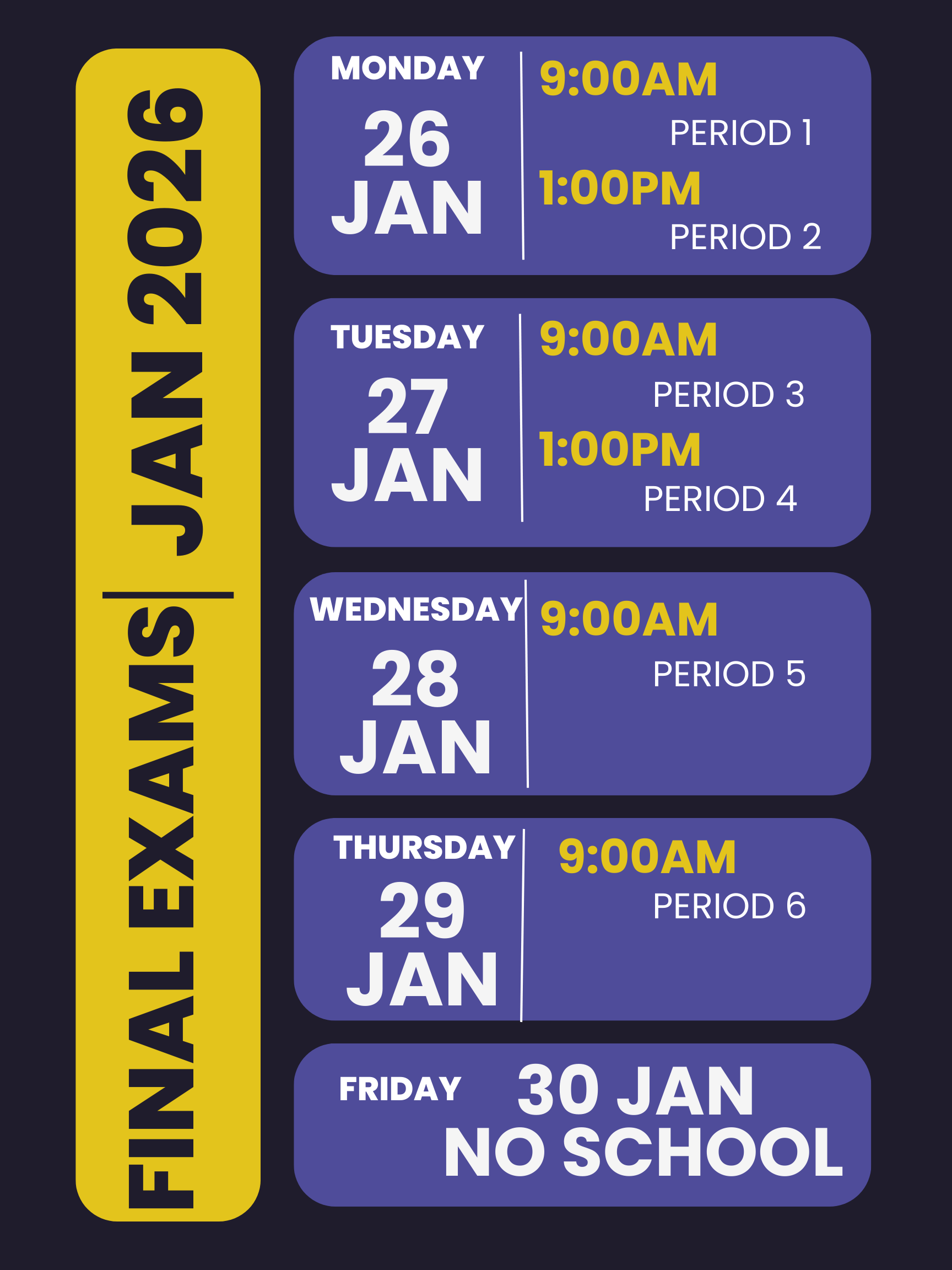 15 school days until final exams begin. 
