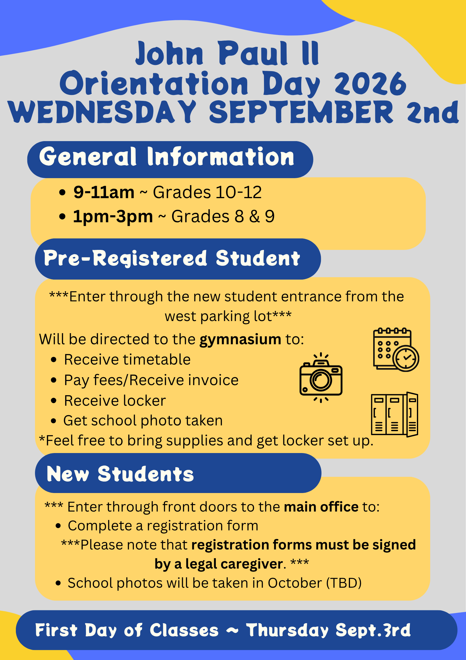 Orientation Day Wednesday Sept 2nd